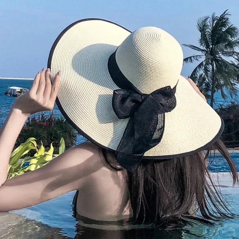 Lady Casual Wide Brim Straw Hat Big Bowkno Summer Fashion Sun Hats Beach Flat Panama Beach Cap Black Bow for Women Accessories