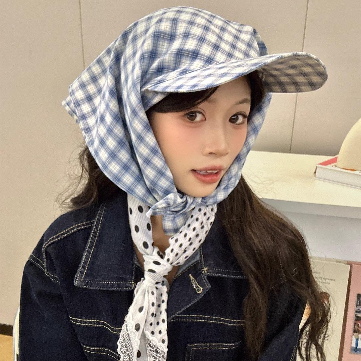 

Новая корейская бейсболка с клетчатым ремешком и защитой от солнца, корейская персонализированная женская повязка на голову, шляпа для защиты от солнца