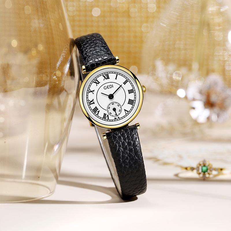 Simple Retro Student Watch High-End Small Seconds Quartz Watch Women'S Niche Lychee Pattern Belt Watch