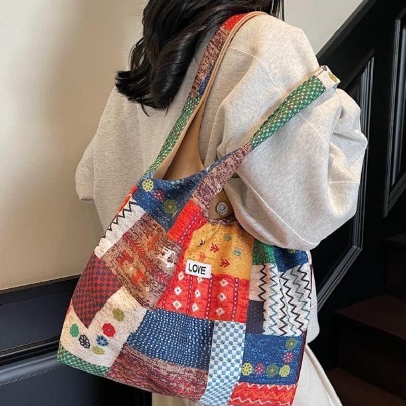 Printed one-shoulder environmentally friendly shopping bag, flower cloth storage, large-capacity one-shoulder handbag, portable canvas bag