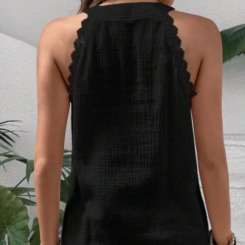 Women Halter Neck Tank Top Lace Trim V Neck Sleeveless Summer Boho Casual Solid Color Beach Top