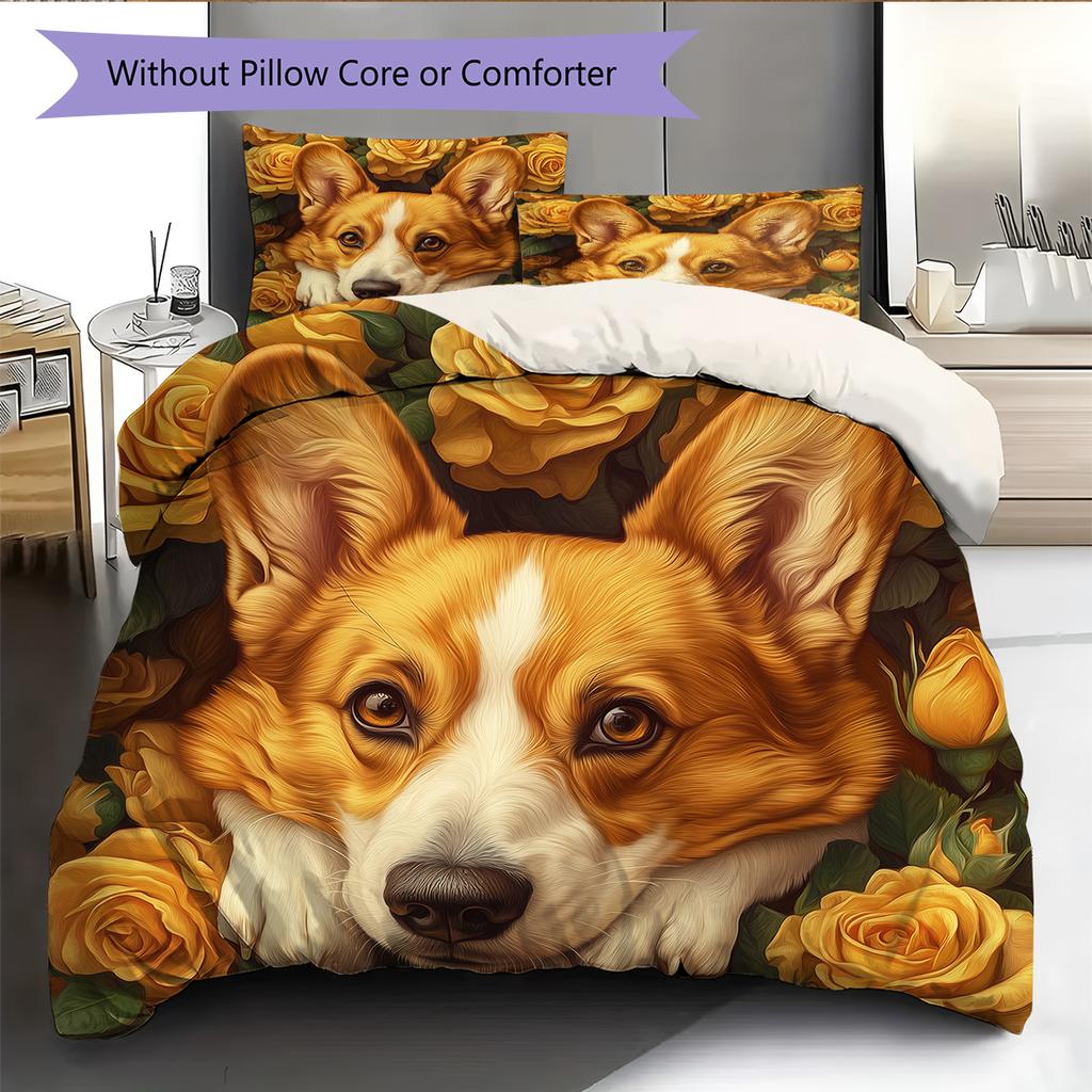 Corgi och Rosmönster Sängkläder Heminredning Födelsedagspresent (1 * påslakan + 2 * örngott, utan kärna)