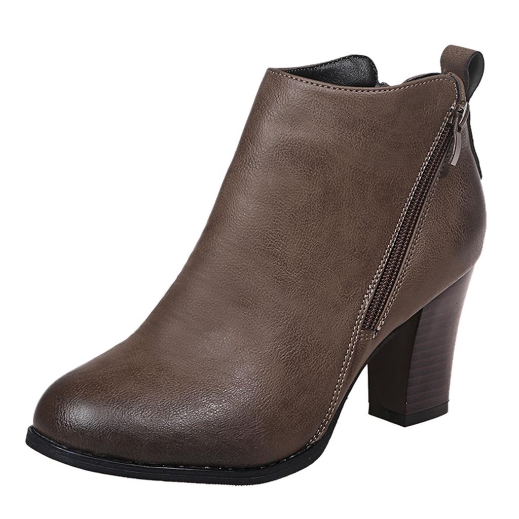 Retro Women Leather Square Heel Zipper Solid Color Short Booties Round Toe Shoes
