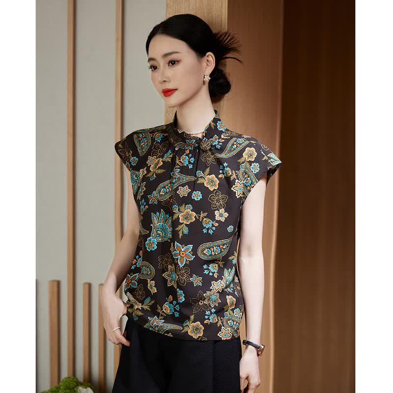 Elegant Sleeveless Floral Print Stand Collar Blouse XL