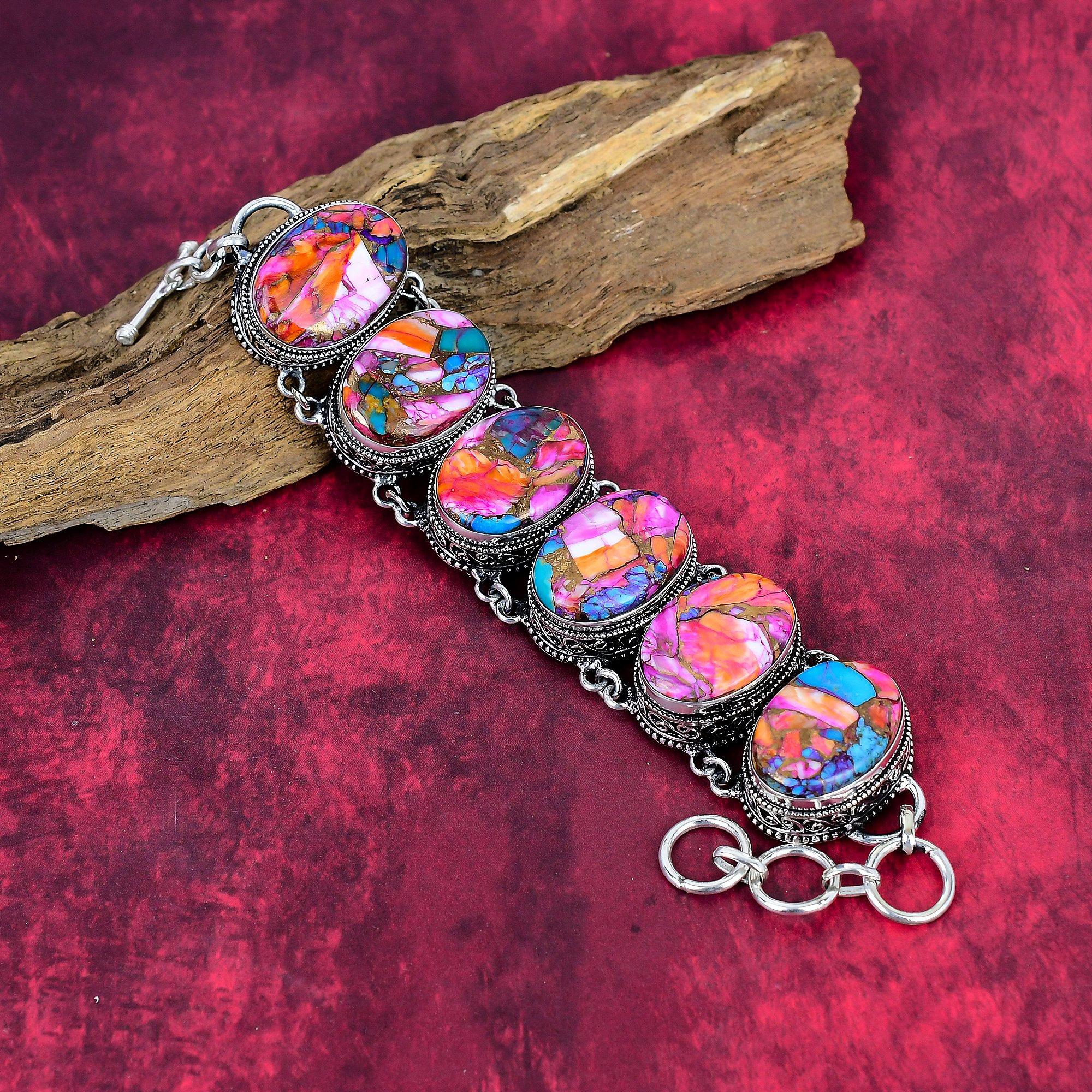 

Pink Spiny Oyster Turquoise 925 Solid Sterling Silver Bracelet with Adjustable Chain, Handmade Gemstone Jewelry Bracelet For Memorial Day