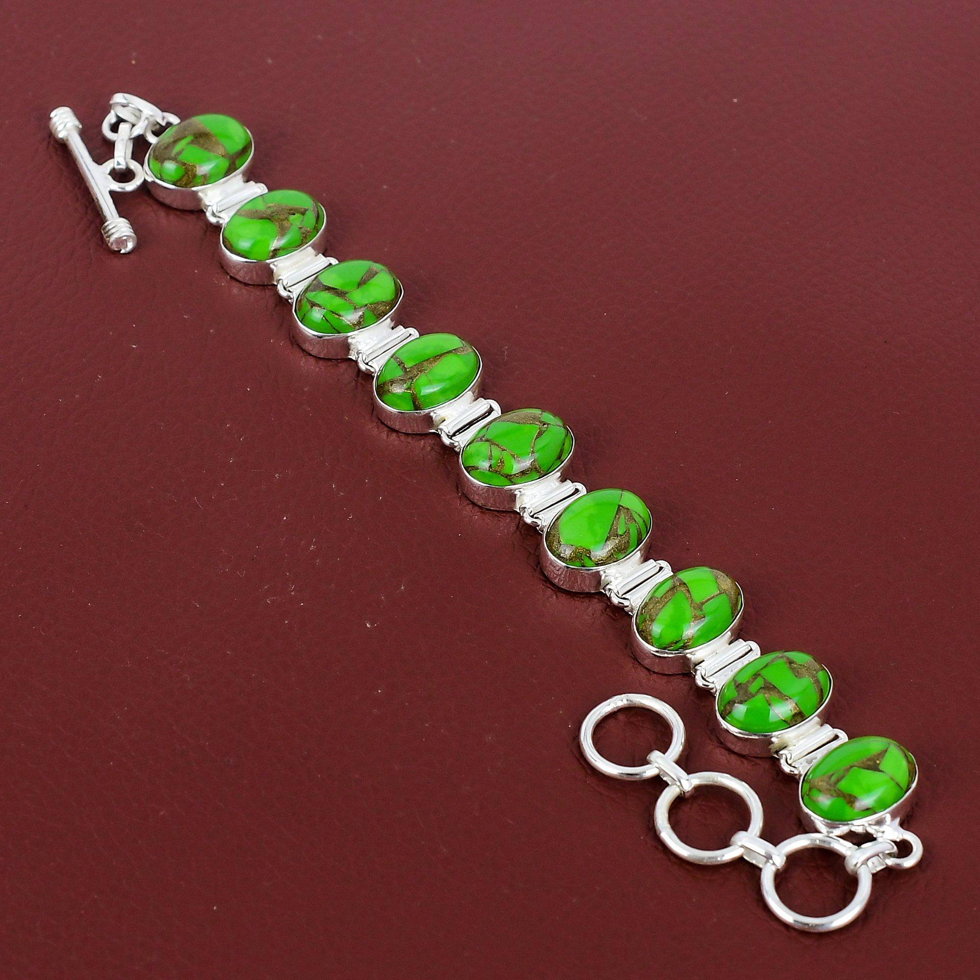 Copper Green Turquoise Bracelet Natural Gemstone Bracelet 925 Sterling Silver Bracelet Adjustable Chain Bracelet Handmade Jewelry For Gifts Adjustable
