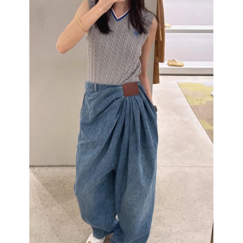 Women's Spring/Summer Design-Forward Oversized Wide-Leg Denim Pants with Drape and Floor-Sweeping Hem