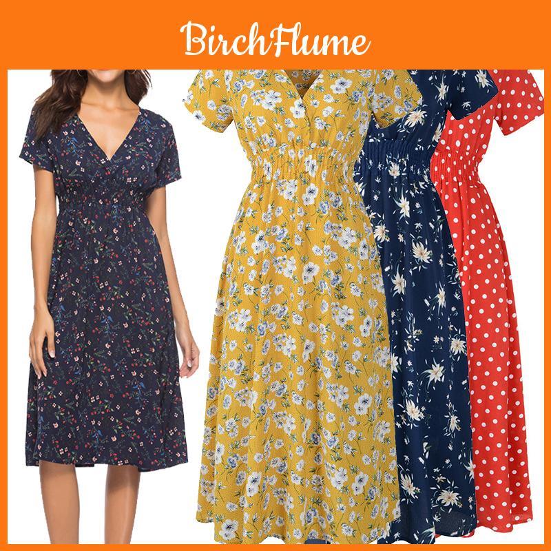 V Donna Scollo Boho Floreale Abito Midi Manica Corta Estate Spiaggia Casual Vestito Estivo