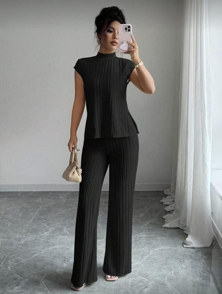 European Women's Solid Color Short-sleeve T-shirt & Ribbed Pants Set - 2025 Style
