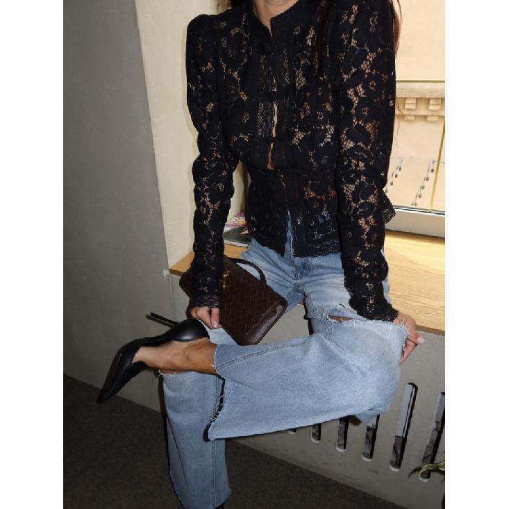 Nová krajková háčkovaná květinová dámská košile Módní dojíždění Dlouhý rukáv Kardigan Top Retro Slim Stojáček Dámské halenky