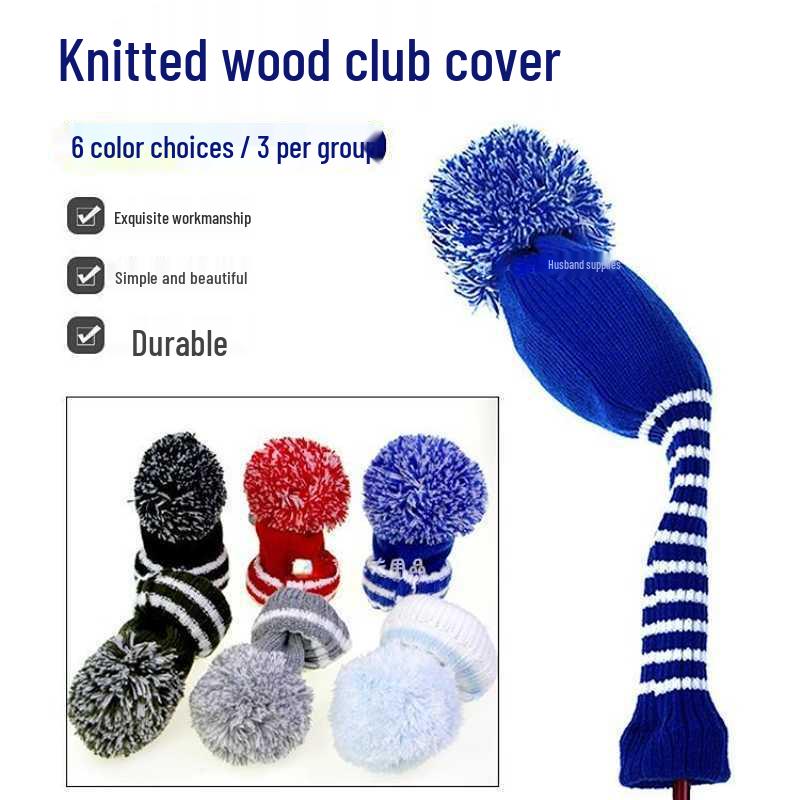 Striped Golf Club Headcovers - Set of 3 Knit Protective Covers for Woods (1/3/5) with Pom Pom Design.