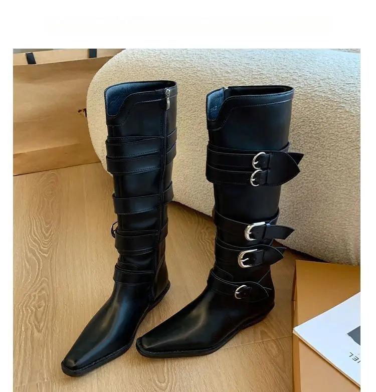 Women's Long Boots Pointed Thick Low Heel Belt Buckle Platform Boots  Shoes for Women