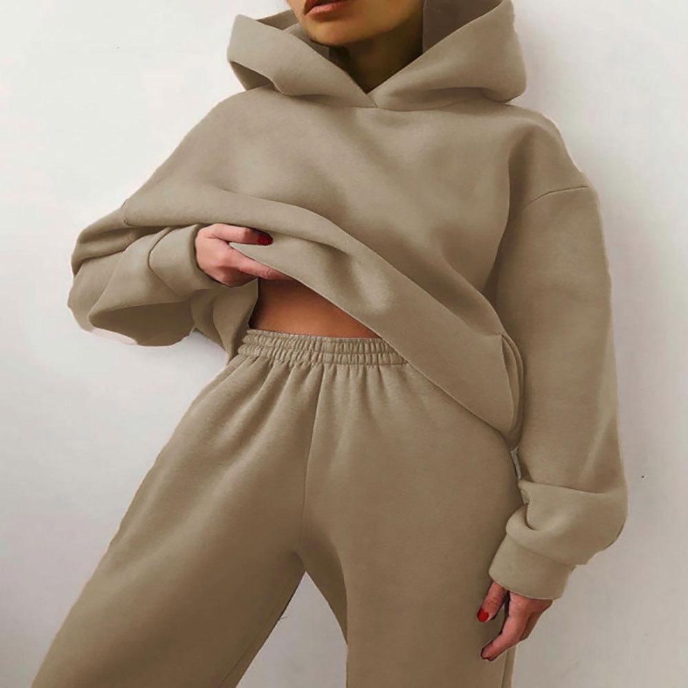 2026 Spring Women's European & American Solid Color Hoodie Sweatshirt & Long Pants Casual Streetwear Two-piece Set