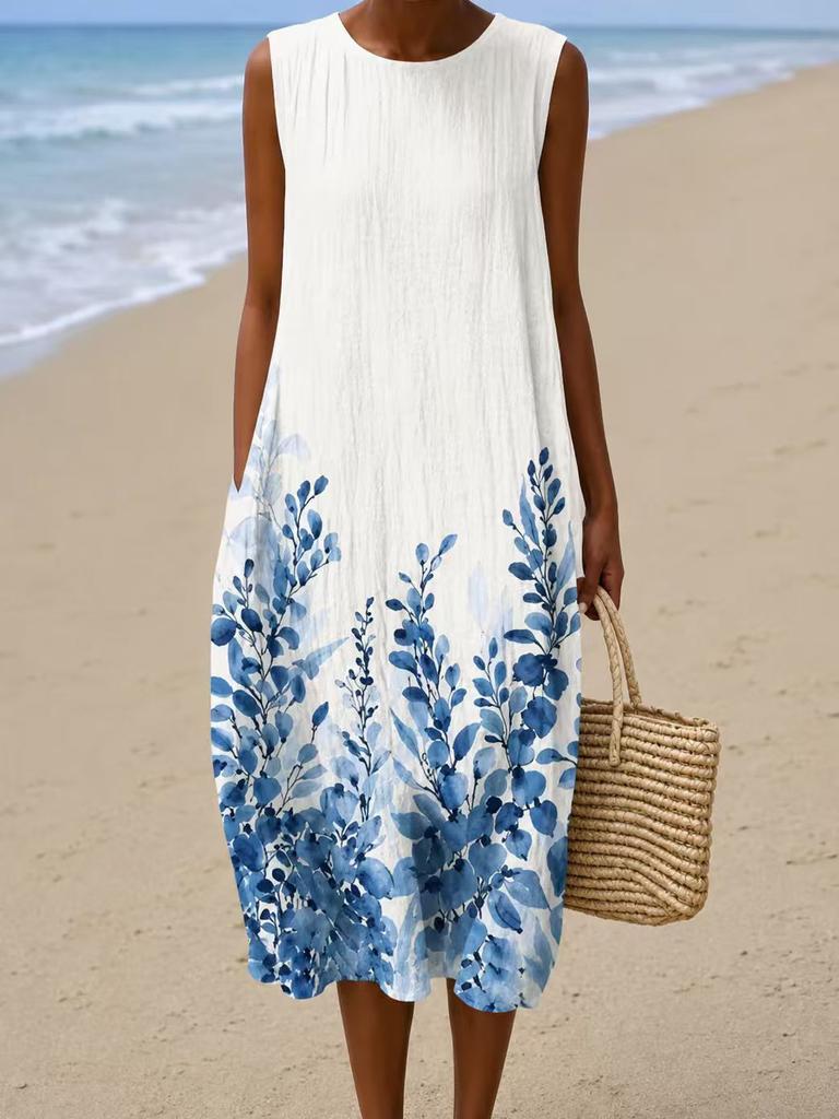 Sleeveless dress 26 new shrink pleated large version loose casual round neck digital printing - bamboo hemp