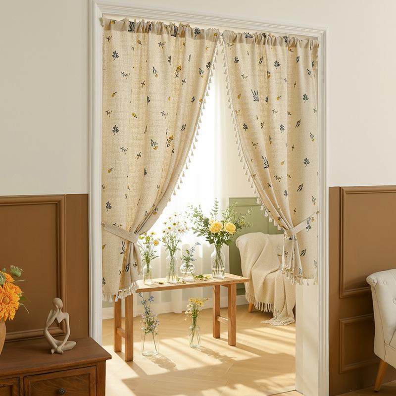 Japanese Door Curtain Linen Bedroom High-End Blocking Curtain Kitchen Partition Curtain Wheat Ear Embroidery Curtain Cotton And Linen Texture