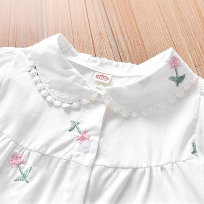 2025 New Summer Girls' Korean Style Embroidered Short Sleeve White Shirt