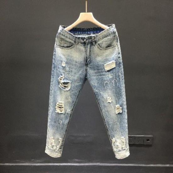 Holes Jeans Slim-fitting Cropped Zipper Closure Small-footed Mid Waist Daily Wear Breathable