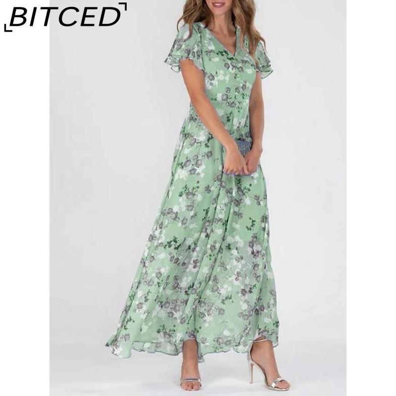 BITCED 6 Color V-neck Ruffle Maxi Dress Short Sleeves Fitted Waist High Waist Flowy Hem Cute Floral Chiffon Dress Women Clothing