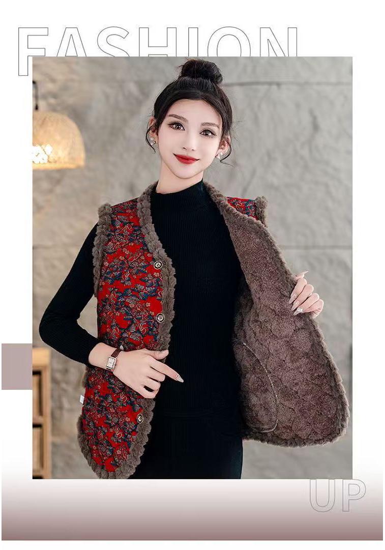 

Three-Layer Fleece-Lined Floral Vest with Tassels - Versatile Camel Sleeveless Outerwear for Middle-Aged and Elderly 3XL (90-115 lbs)