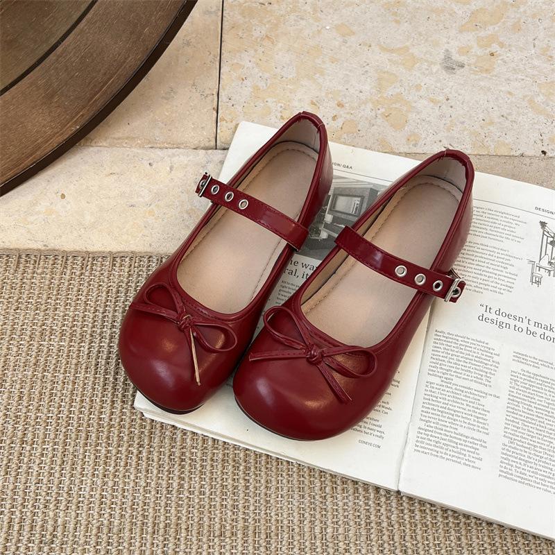 

Французские ретро универсальные туфли-лодочки на плоской подошве с открытым подъемом, женские 2025, новые летние, белые, с круглым носком и бантом, туфли Мэри Джейн 40 бордовый