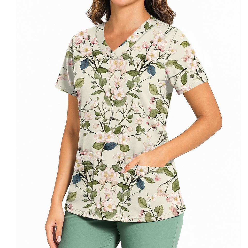 Women's Casual Printed V-Neck Pocket Side Slit Short Sleeved Top Short Sleeved Top