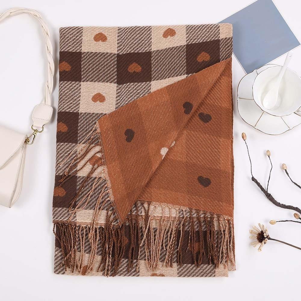 Warmer Plaid Knitted Scarf Long Tassel Shawl Gifts Heart Thickened Scarf  Winter