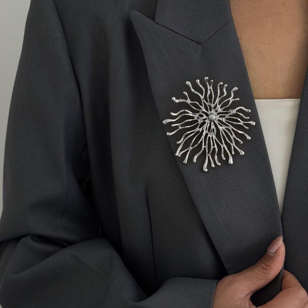 Silver Sun Goddess Brooch Gold Color Coral Brooch Exquisite Metal Geometric Pin Women