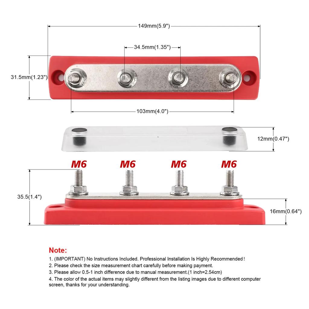 48V 150A Heavy Duty Power Distribution Block 4 x M6 Terminal Studs Marine BusBar Cover Included Bus Bar For Trucks Boats and RVs