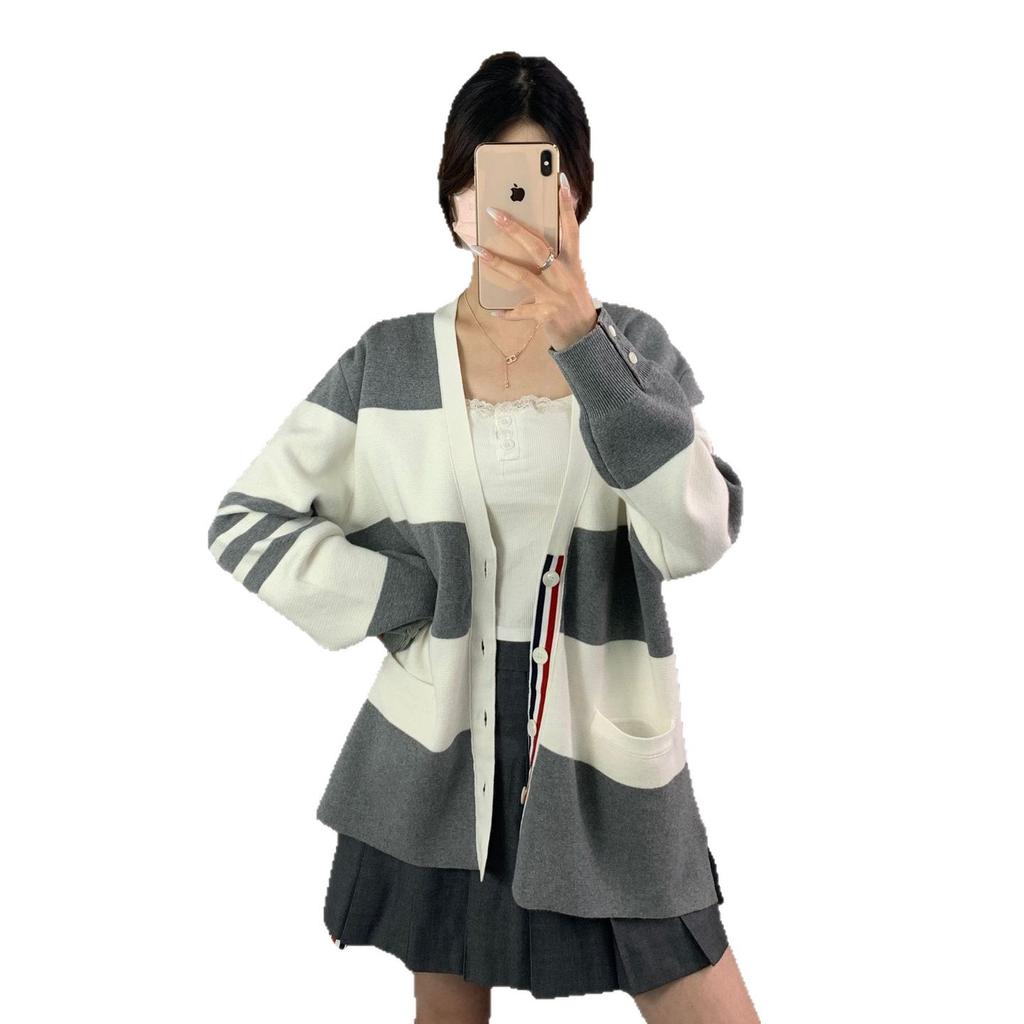 New TB Knitted Striped Four-bar Men's and Women's Casual V-neck High-end Versatile Cardigan Jacket