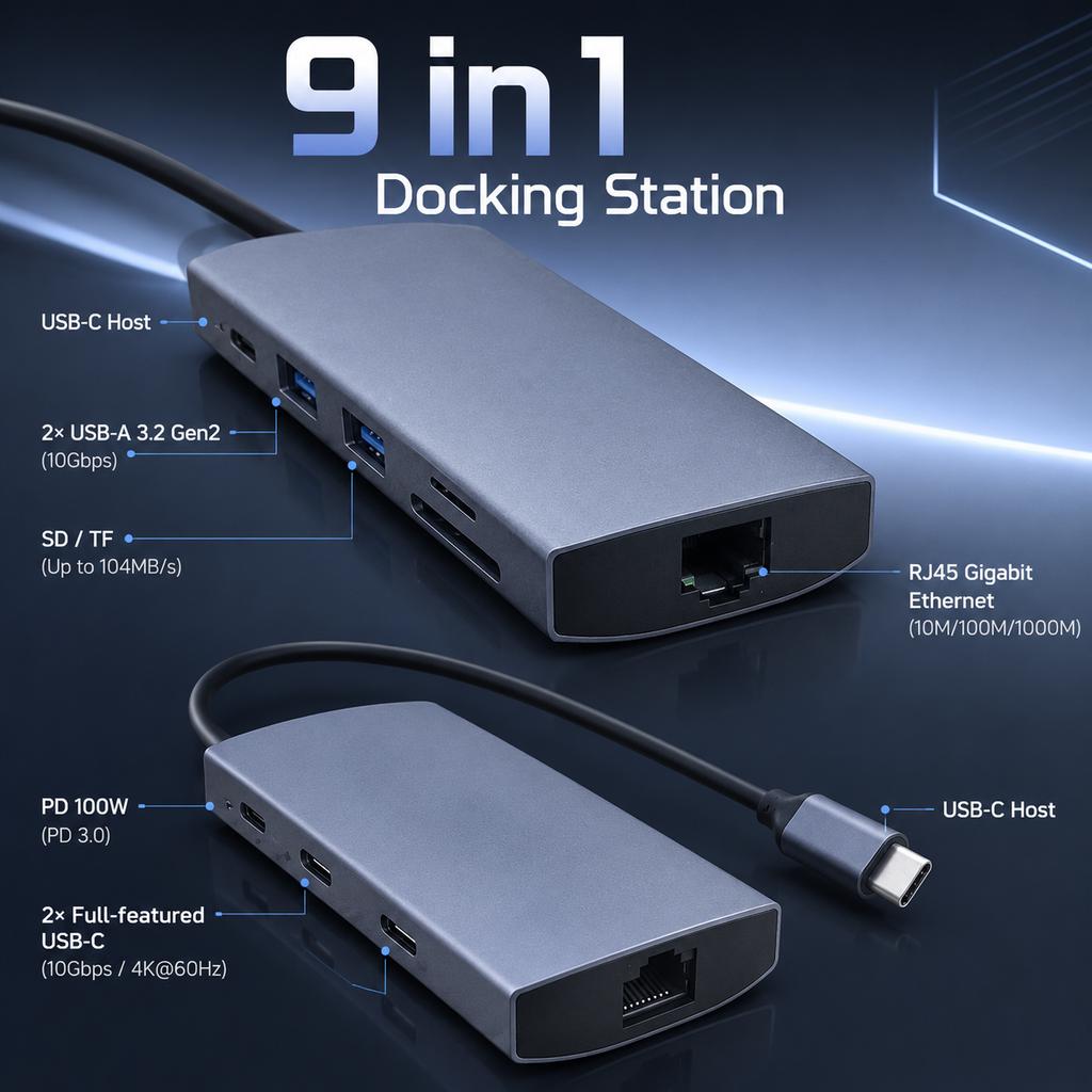 9 in 1 USB C Hub 10Gbps USB 3.2 Gen2 Dual Type C 4K 60Hz Video Gigabit Ethernet RJ45 100W PD SD TF Docking Station MacBook