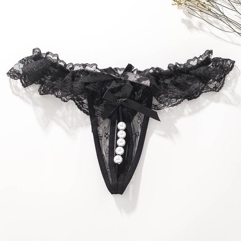 Sexy String Lace Underwear Women Back Bow Panties Women G String T-back Thong Transparent Lingerie Cute with Pearls Panties New