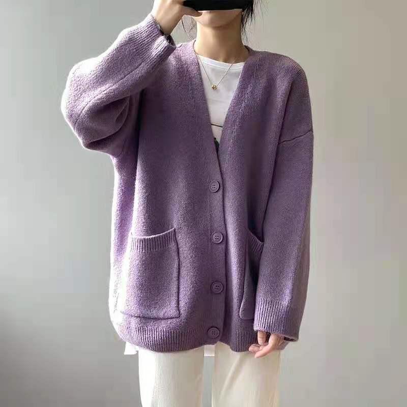 Cardigan a Maglia Larga da Donna - Primavera/Autunno 2026, Stile Coreano, Colore Unito, alla Moda e Casual