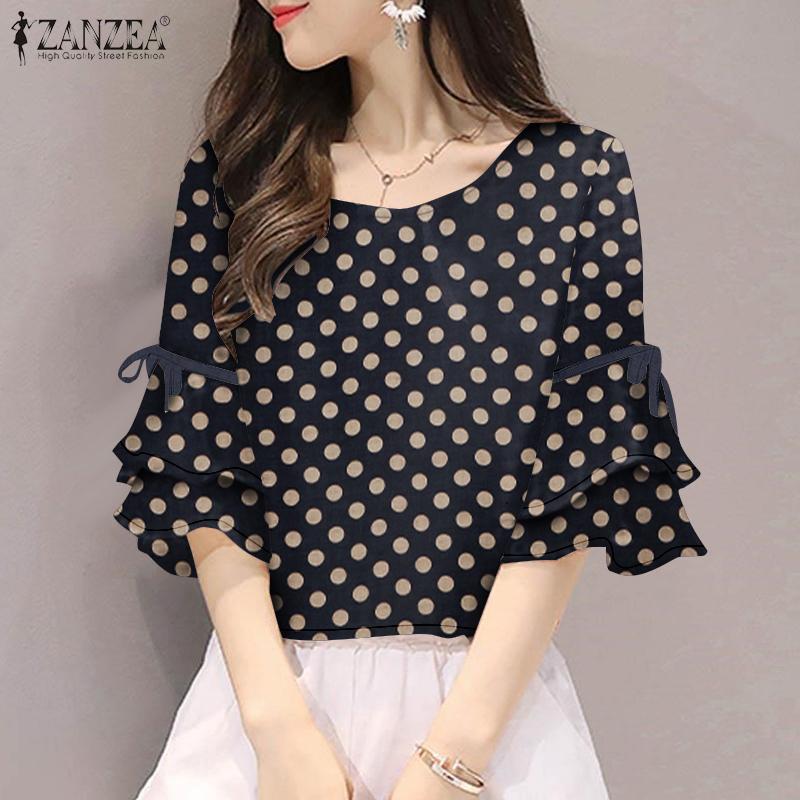 ZANZEA Womens Summer Flare Half Sleeve Polka Dot Print Blouse