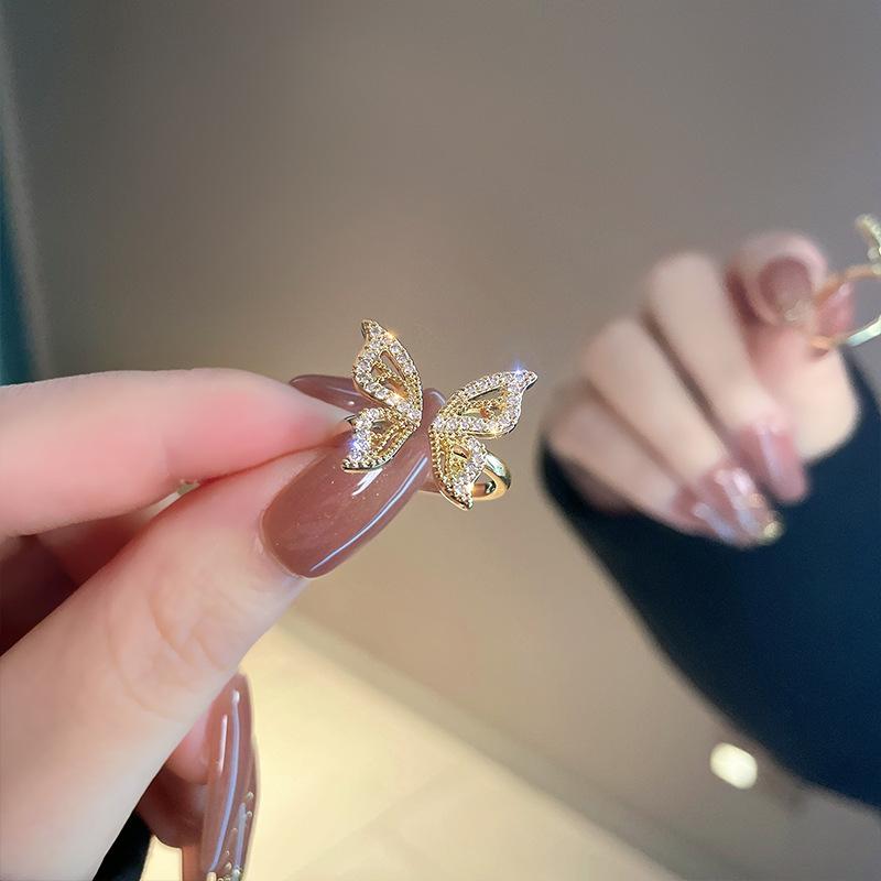 New Design Rhinestone Butterfly Adjustable Opening Ring Luxury Party for Women Inlaid Zircon Butterfly Ring Fashion Jewelry