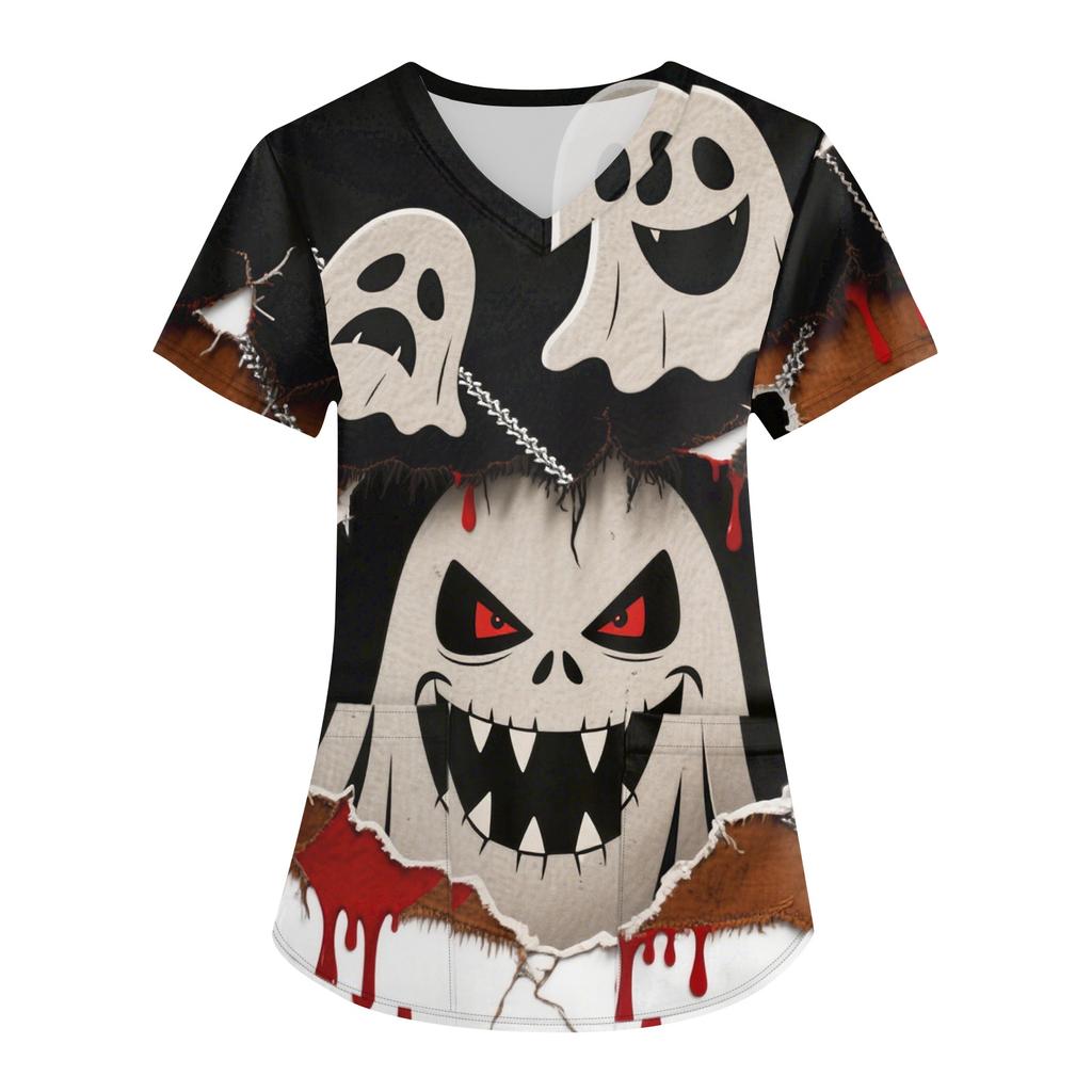 Women's Printing Uniform Work Uniform V-neck Pockets Basic Short Sleeve Pullover Top