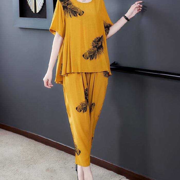 Short-sleeved Casual Suit for Women, Summer Fashionable Half-sleeved Plus Size Women's Casual Harem Pants Slimming Two-piece Set