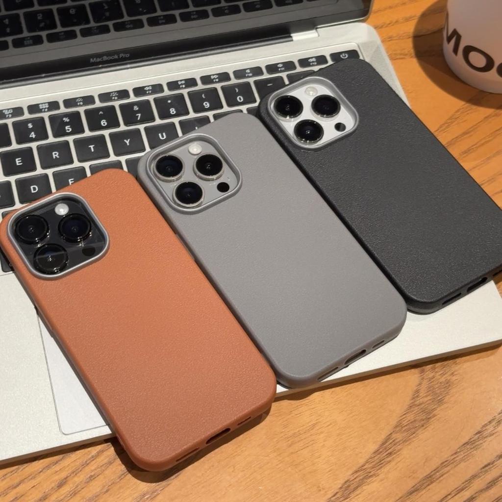 Advanced Solid Color Leather Pattern Electroplating Frame Mobile Phone Case Suitable for Iphone16promax Simple Apple 15 Protective Case 14