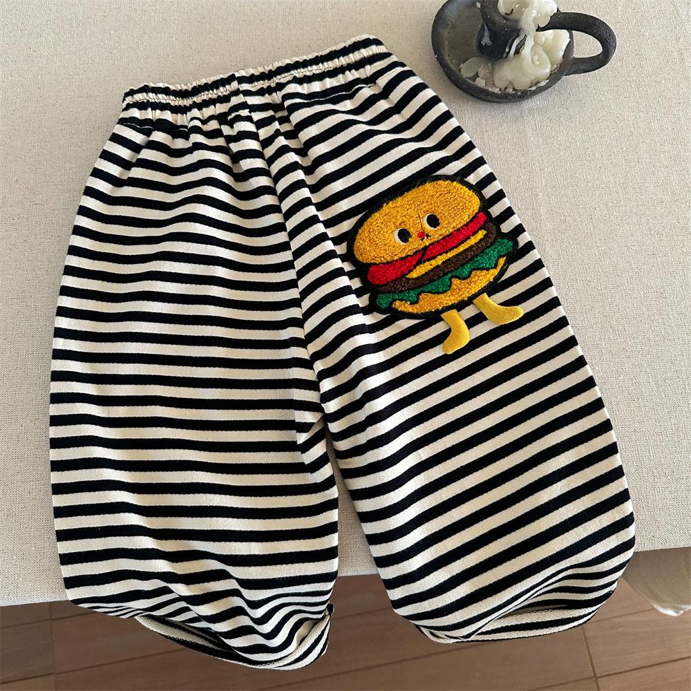 Boys Spring Autumn Cartoon Fries Print Sweatpants Striped Casual Joggers