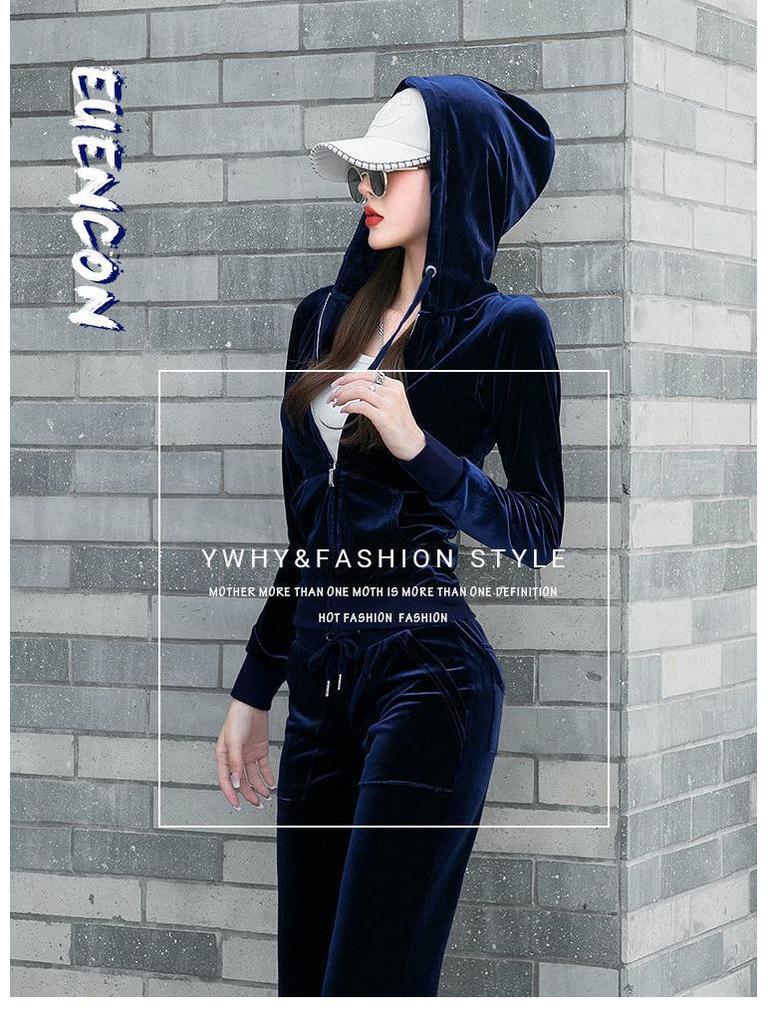 Women's Gold Velvet Tracksuit, 2025 Spring/Autumn Trendy Fashion Casual Hoodie Two-Piece Set