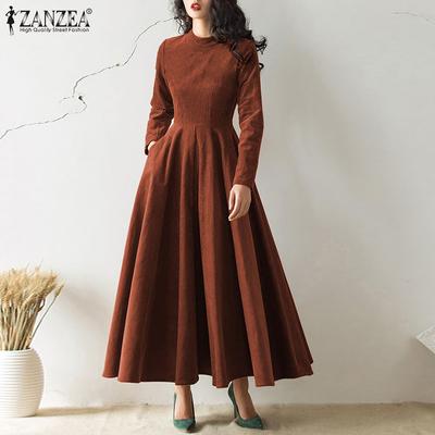 Spring Autumn Women Casual O-neck Long Sleeve A-line Long Dress