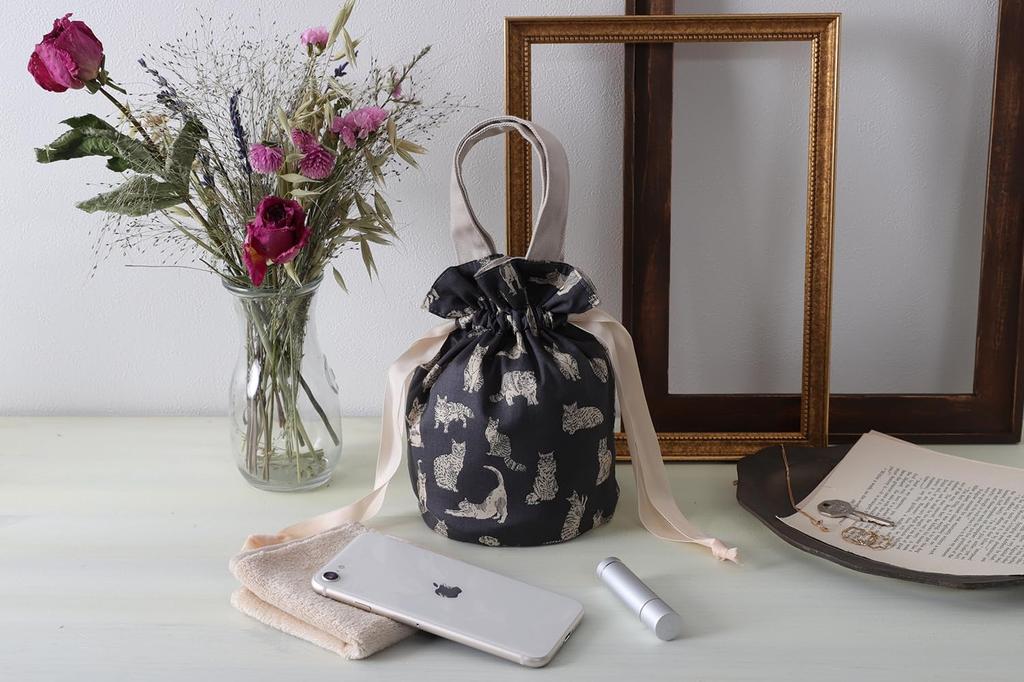 DDintex FLORET LONDON Drawstring Pouch Meow Gray Liberty 12×18cm [Uses Print]