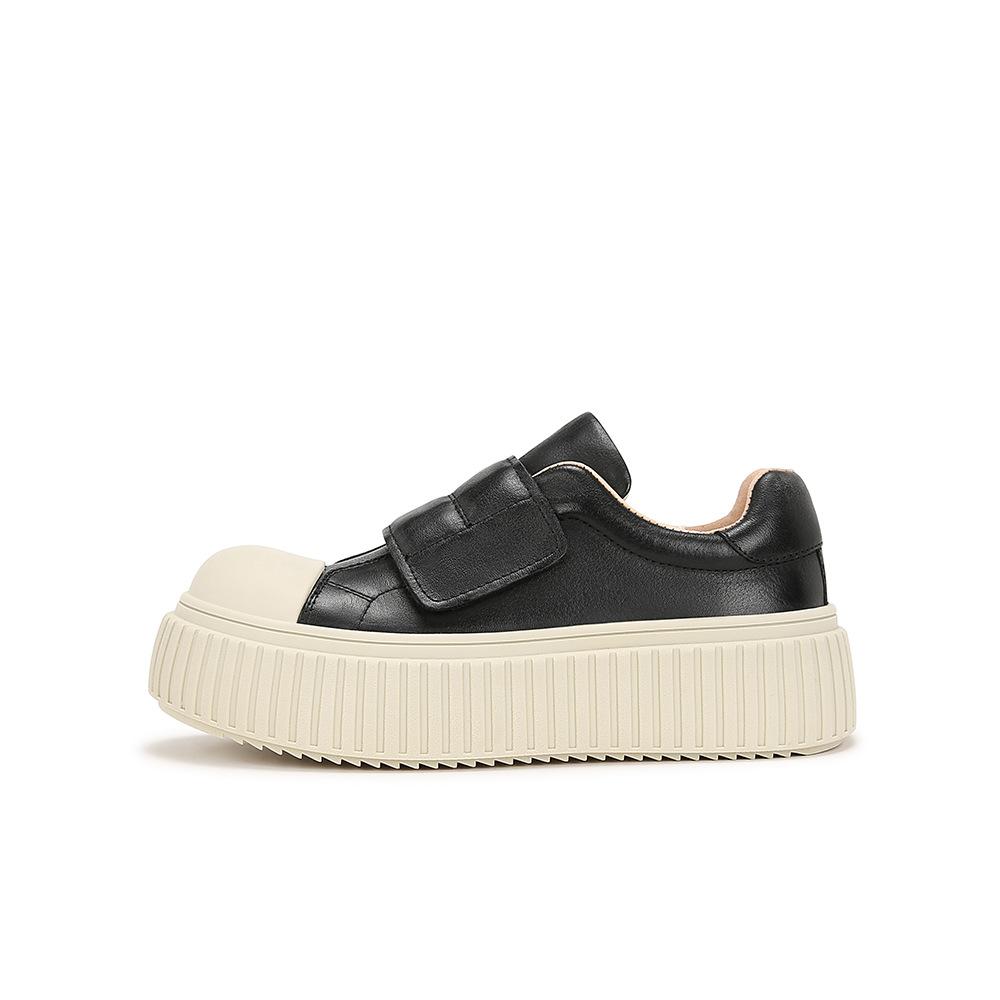 

Туфли-бисквиты женские на липучке с круглым носком из вымытой лошадиной кожи, универсальная толстая подошва, низкий верх, повседневные 40 чёрный