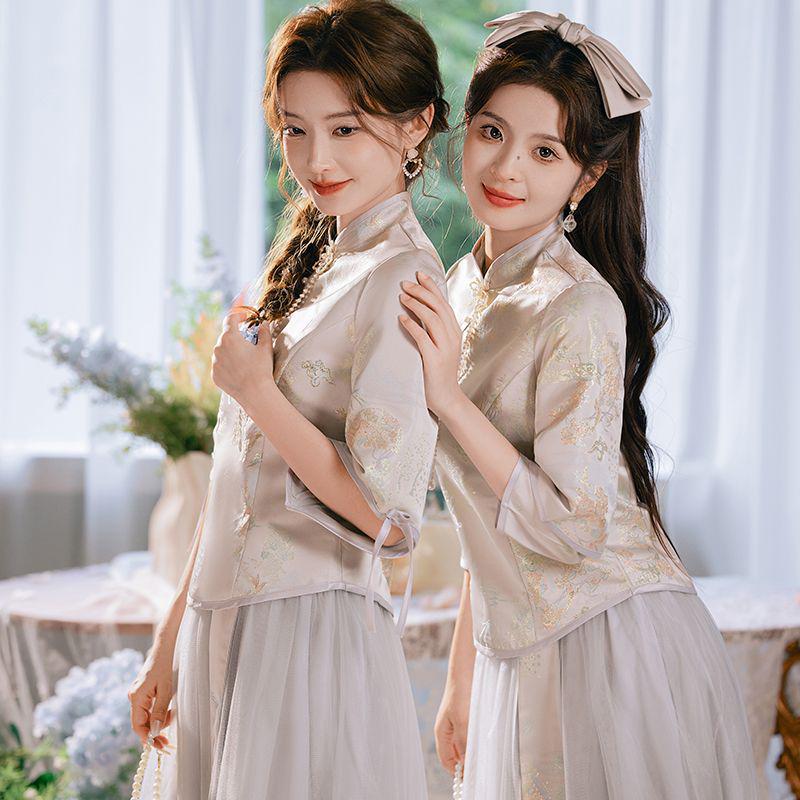 Gray Stand Collar Chinese Bridesmaid Dress 2024 Autumn/Winter - Petite Super Fairy Sisterhood Gown