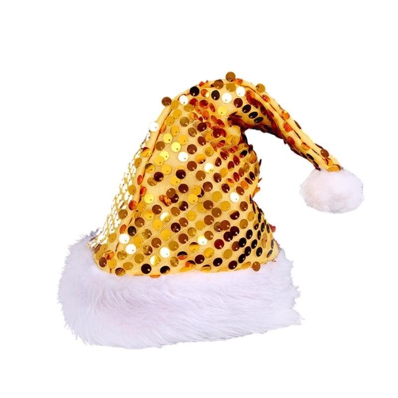 

Warm Santa Hats Blingbling Sequins Thicken Plush for Holiday Christmas New Year Symbol Caps with White Brim