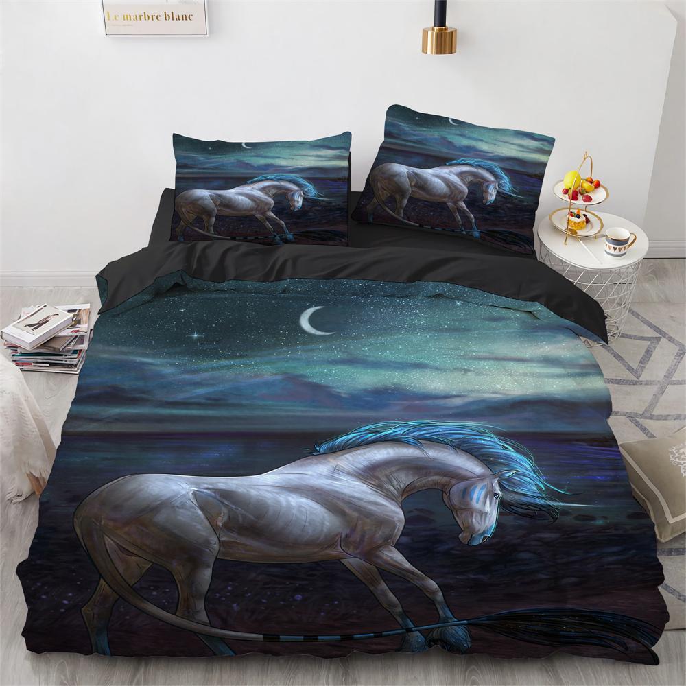 Blue Unicorn Duvet Cover Set Wild Animals Horse Polyester Bedding Set King Queen Full Size For Kids Boys Girls Comforter Cover