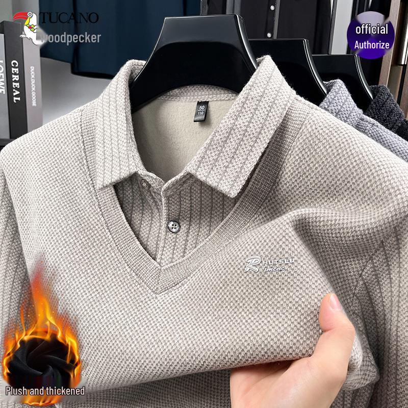 Woodpecker Herrstickad Tröja med Fleecefoder 2025 - Tjock, Varm, Tvådelad Vinterstil