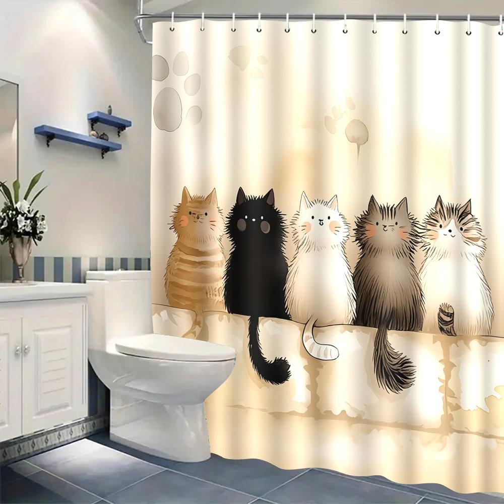 Cute Furry Cat And Paw Print Shower Curtain Set With 12 Hooks 180x180cm Waterproof Bathroom Decor