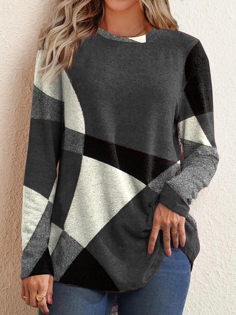 Spring Casual Geometric Color Block Wool Long Sleeve Printed Loose T-Shirt Women Top