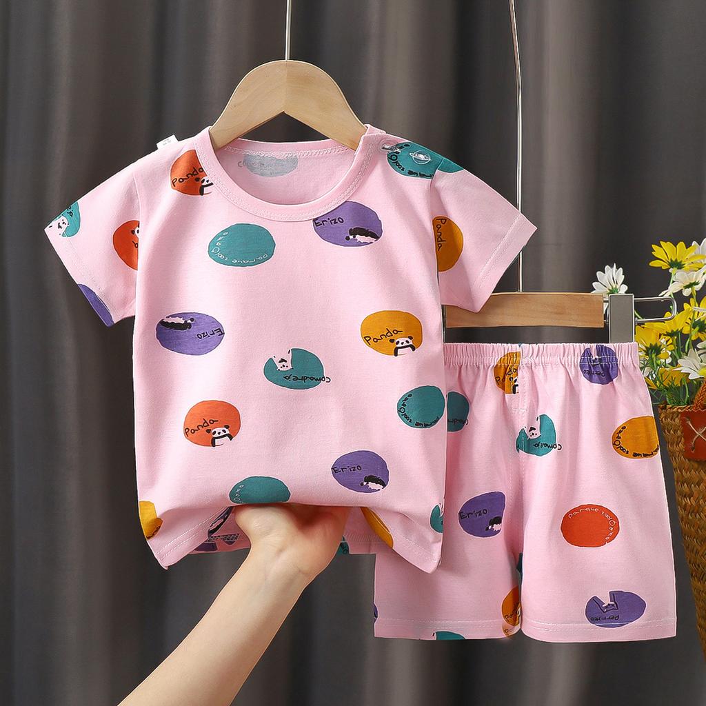 Kids Cotton Short Sleeve 2Pcs Set, Summer Shoulder Snap T-shirt & Shorts for Toddler Boys Girls