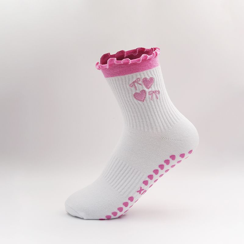 

Yoga Socks Embroidery Two Sorts Color Silicone Non-Slip Tube Professional Sports Indoor Autumn and Winter Pilates Gymnastics Running Pink Bows [Heart anti-slip bottom]]
